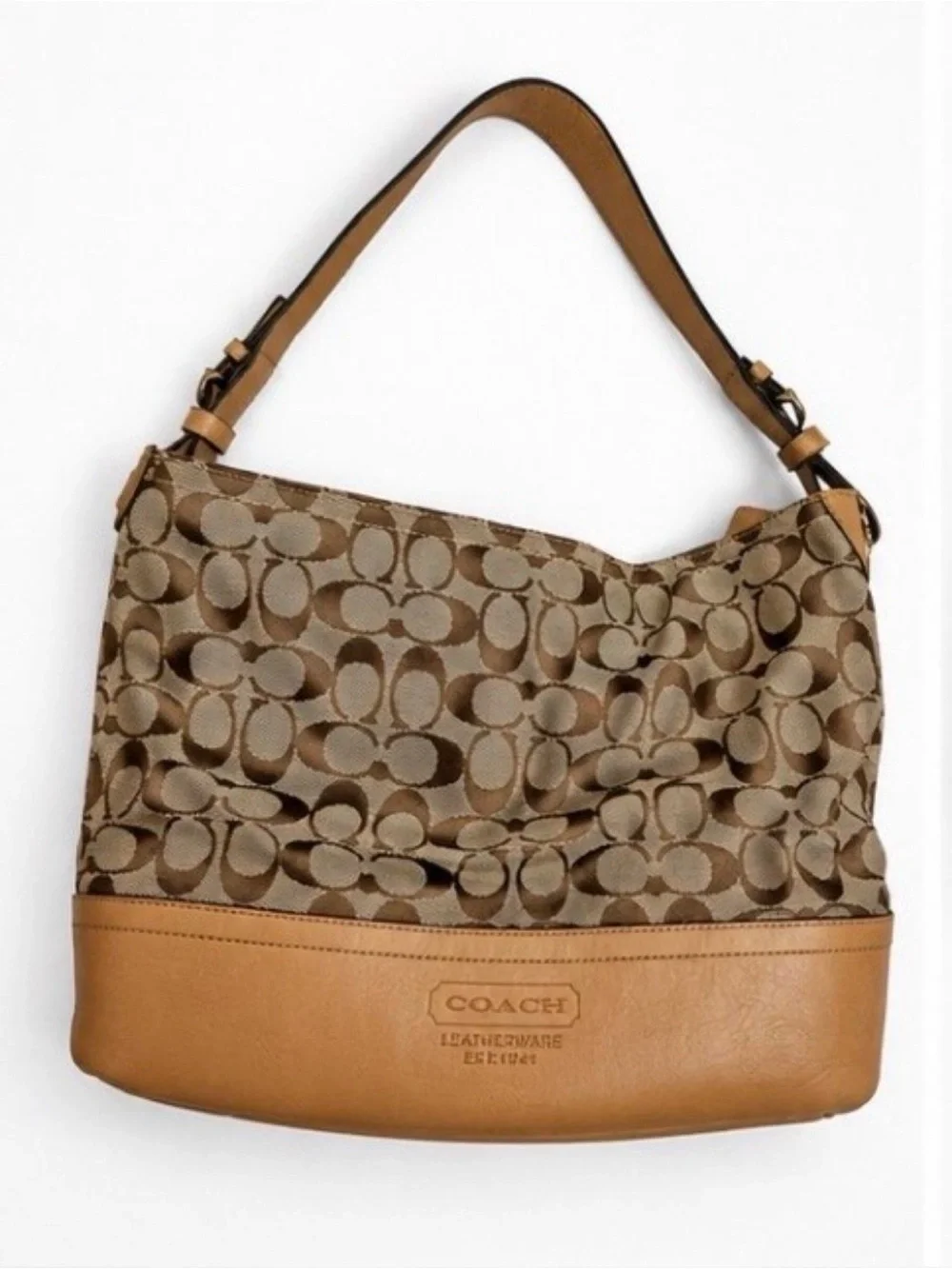 Coach Brown Signature Canvas Shoulder Bag with Tan Leather Trim